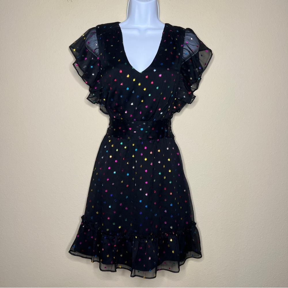 ANTHROPOLOGIE / ALI & JAY Black Ruffle Mini Metallic Polka Dot Dress - Sz S - Picture 4 of 14